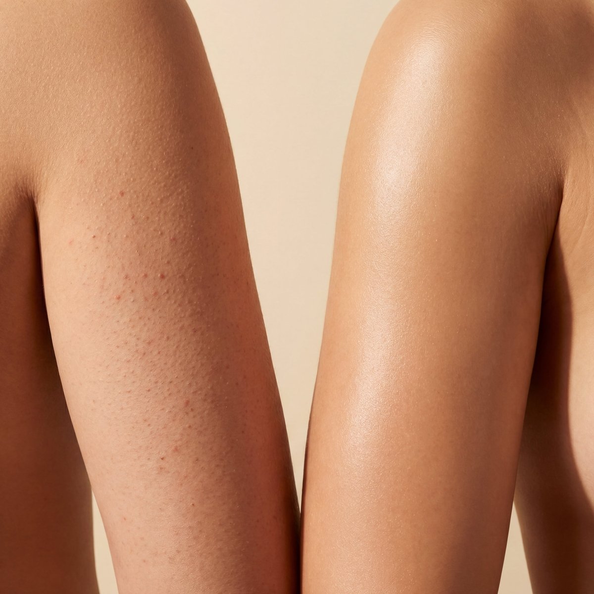 Before and after using WellNature KP Bump Eraser on legs