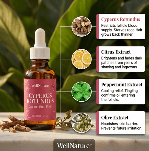 WELLNATURE™ Cyperus Rotundus Elixir Unwanted Hair Removal Oil Natural Follicle Growth Reduction Serum with Nutgrass Extract After Wax & Post-Laser Care, Weakens Follicles Hydrates Soothes Smooths Skin