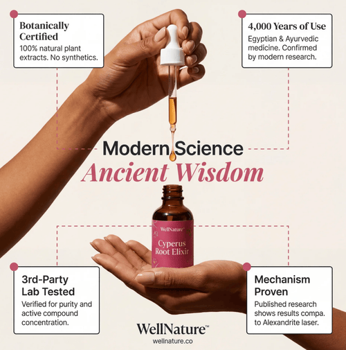 WELLNATURE™ Cyperus Rotundus Elixir Unwanted Hair Removal Oil Natural Follicle Growth Reduction Serum with Nutgrass Extract After Wax & Post-Laser Care, Weakens Follicles Hydrates Soothes Smooths Skin