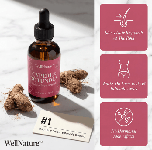 WELLNATURE™ Cyperus Rotundus Elixir Unwanted Hair Removal Oil Natural Follicle Growth Reduction Serum with Nutgrass Extract After Wax & Post-Laser Care, Weakens Follicles Hydrates Soothes Smooths Skin